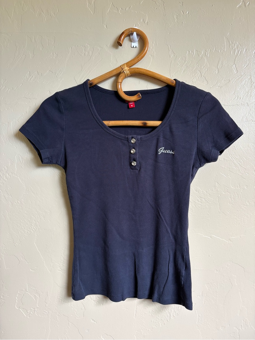 2000s Y2K Guess Henley Bling Diamond Button Short Sleeve Navy Blue T-Shirt M